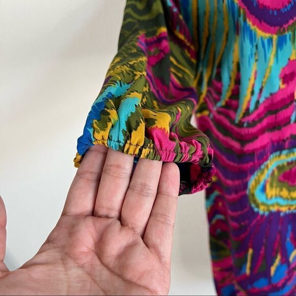 trina Turk Colorful Peacock Print 3/4 Sleeves Silk Blend Shift Mini Dress 2 - Picture 3 of 5